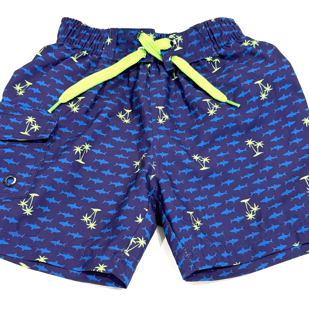 Mish Boys 2T Kids Navy Shark and Palm Tree Swim Trunk